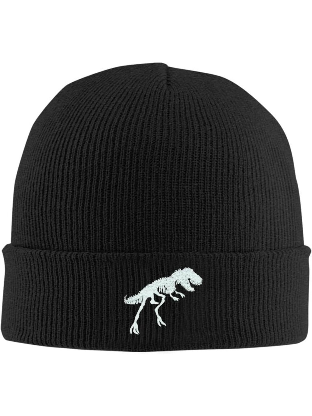 Unisex Black Dinosaur Hat Fish Embroidery Halloween Winter Knit Cuffed Skull Cap
